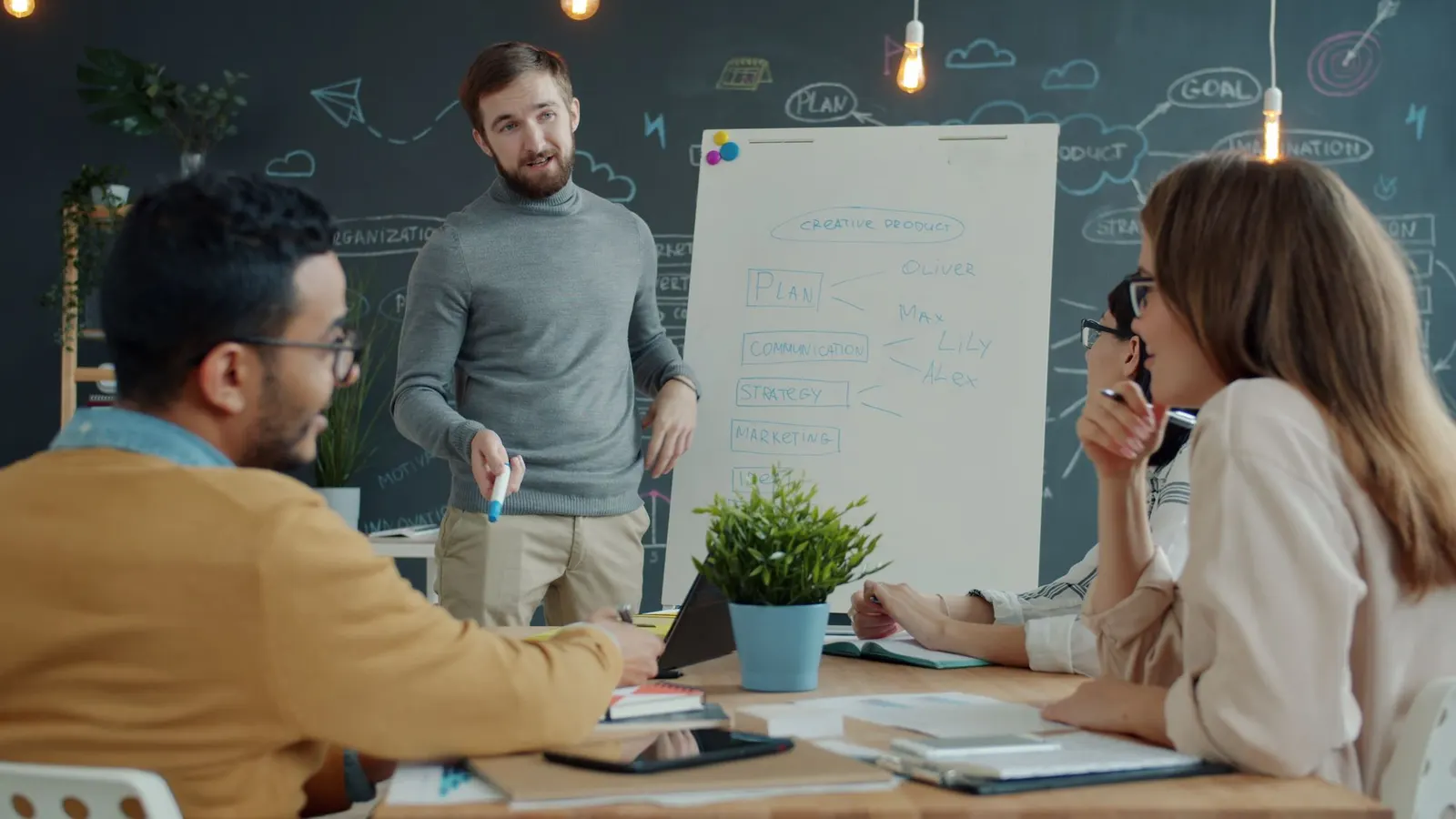 Team bespricht an einem Tisch eine Strategie vor einem Whiteboard